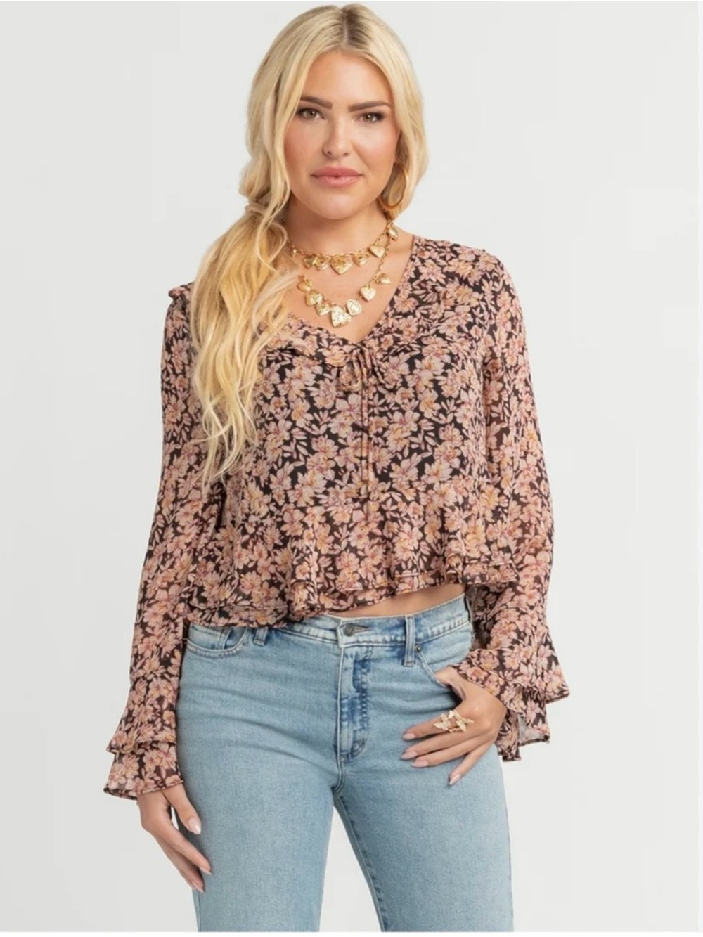 Jessica Simpson Women's Stayce Cropped Ruffle Top Long Sleeves XL